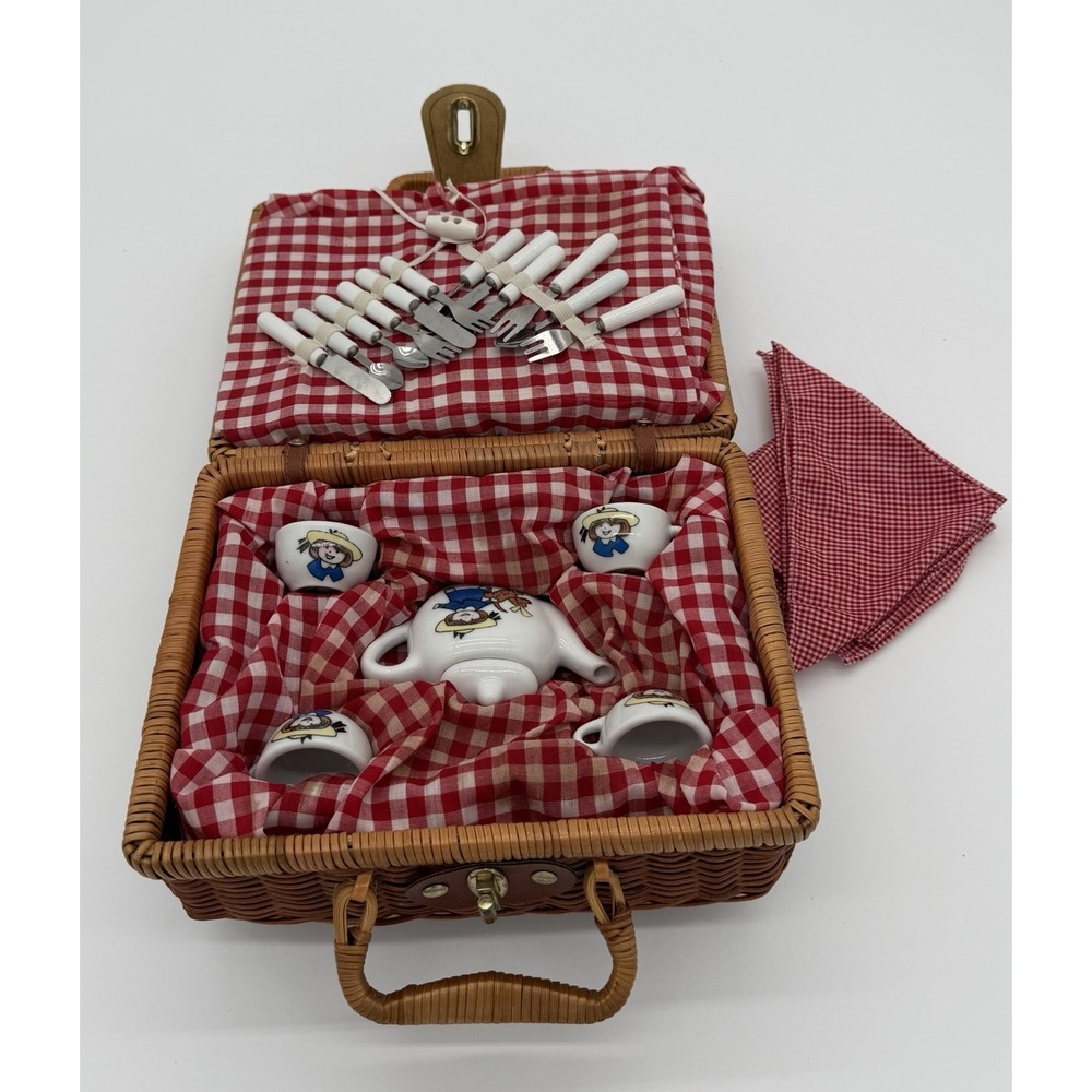 Vintage Madeline Tea Set by Schylling, Wicker Picnic Basket Red Gingham design